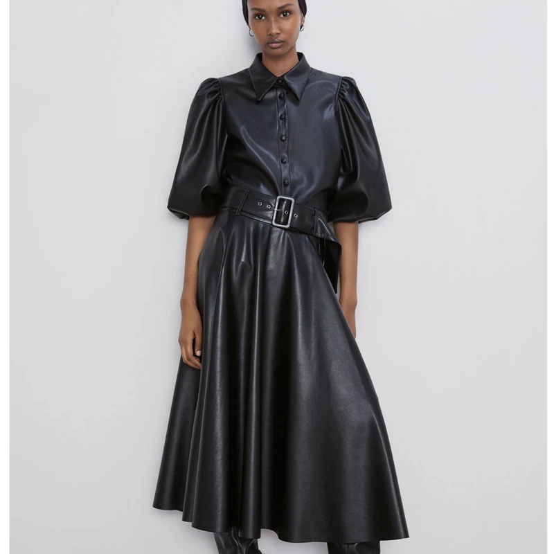 Новинка, длинные кожаные юбки, женская модная юбка из искусственной кожи с пуговицами, женская элегантная юбка с поясом на талии, женские юбки