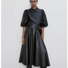 Новинка, длинные кожаные юбки, женская модная юбка из искусственной кожи с пуговицами, женская элегантная юбка с поясом на талии, женские юбки