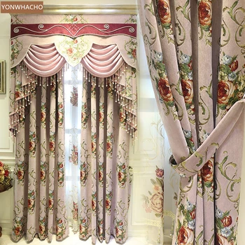 

Custom curtains European high-precision embroidery American rural pink chenille cloth blackout curtain tulle valance drape B903