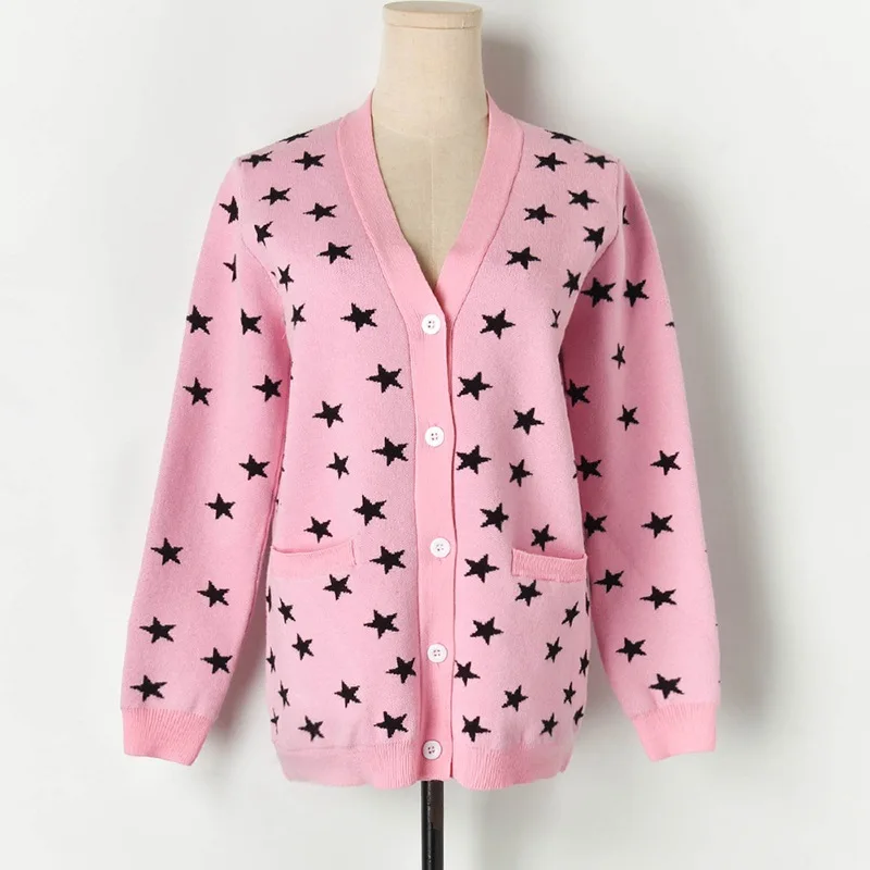 pink Новые кардиганы женские жаккардовые свитера с рисунком звезд и глаз женская дизайнерская верхняя одежда с v-образным вырезом одежда розовые милые пальто для девочек топы - Цвет: pink