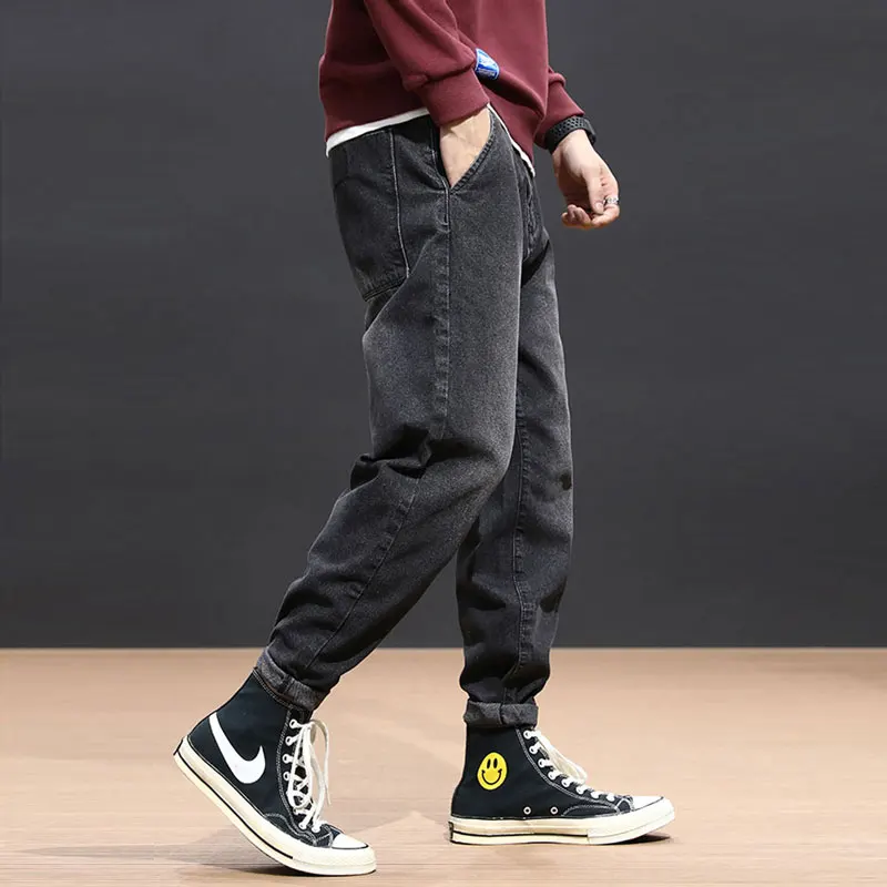 Black Friday Japanese Fashion Men Jeans Loose Fit Patches Designer Elastic Harem Pants Blue Gray Streetwear Hip Hop Jeans Men Pencil Pants