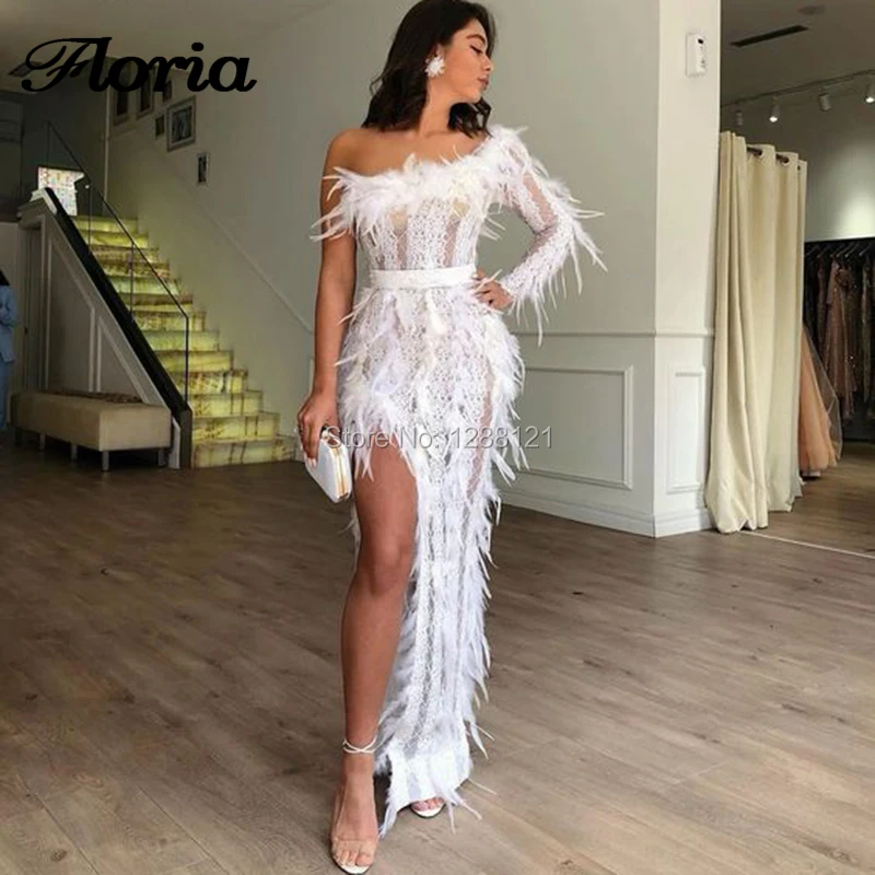 Sexy Hoge Split Side White Avondjurken Veren 2020 Vestido De Festa Off De Schouder Party Gown Afrikaanse Dubai Prom jurk Sexy Hoge Split Side White Avondjurken Veren 2020 Vestido De Festa Off De Schouder Party Gown Afrikaanse Dubai Prom jurk