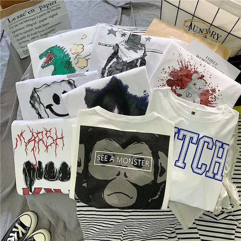 GCAROL 2020 Spring Summer Women Cartoon T-shirt Oversized Graphic Stripes Graffiti Long Tees Multi-design harajuku Tops