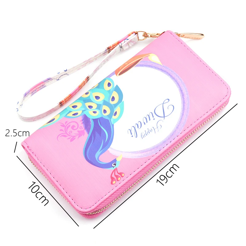 Long Wallets for Women PU Leather Peacock Printing Zipper Wristband Clutch Bag Large Capacity Female Money Clip Card Holder 6