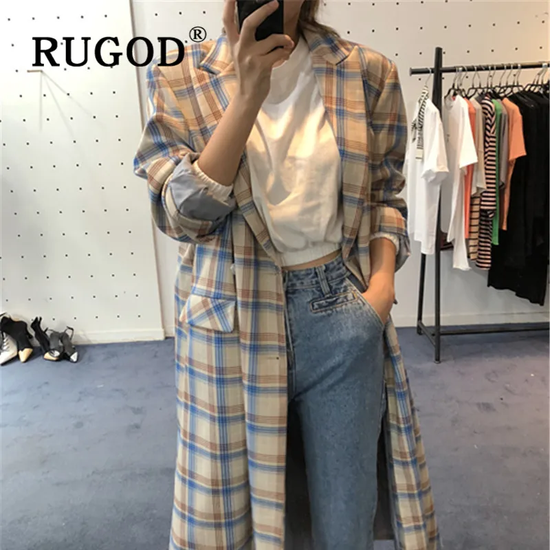 RUGOD, женские длинные пальто, отложной воротник, клетчатый узор, двубортный Тренч, модное, женское, элегантное, свободное, негабаритная ткань