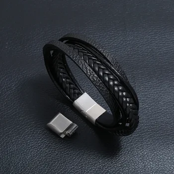

Men's Beaded Leather Bracelet Natural Stone Beads Multi layer Rope Stainless Steel Magnetic Clasp Wristband Male Jewelry