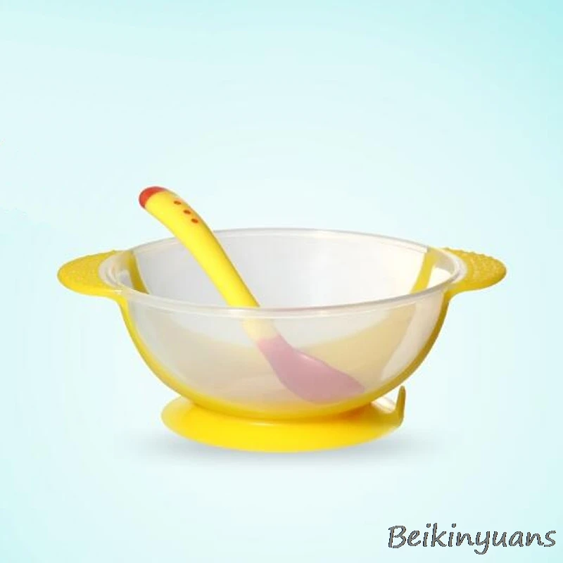 Yellow spoon to use Набор детской посуды для детского сада, набор детской посуды с датчиком температуры, ложка на присоске, миска, ложка, вилка - Цвет: Yellow spoon to use