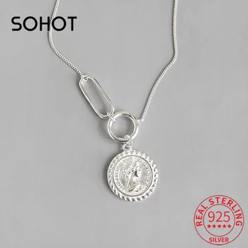

SOHOT 100% 925 Sterling Silver Retro Round Disc Queen Emboss Dangle Women Pendant Necklace Minimalist Style Lady Fine Jewelry