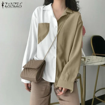 

S 5XL ZANZEA Spring Color Patchwork Blouse Fashion Long Sleeve Shirt Women Casual Lapel Blusas Female Tunic Tops Chemise Robe