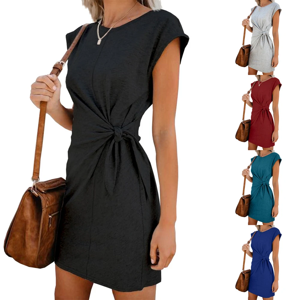 

Women Casual Loose Lace-up Dress Round Neck Short Sleeve Solid Color Dress
