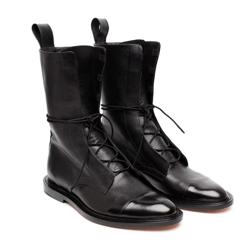 black PUIMENTIUA Winter Motorcycle Boots Mid-calf Women British Style Lace up Boots Punk Low Heel Boot Shoes Women Plus Size 35-43 - Color: black