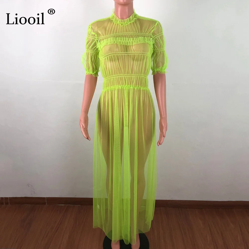 Liooil прозрачное Сетчатое сексуальное Макси платье женская одежда неоновое зеленое платье с круглым вырезом размера плюс вечерние Клубные длинные платья