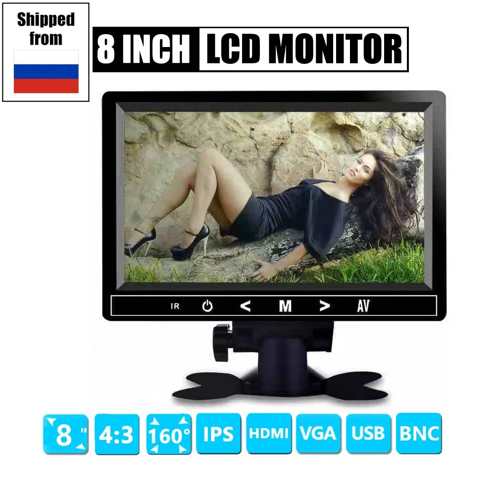 

4:3 8 inch TFT LCD Color Video CCTV Mini Monitor HDMI VGA BNC AV Input for PC/CCTV Security System Tester Stand Rotating Screen
