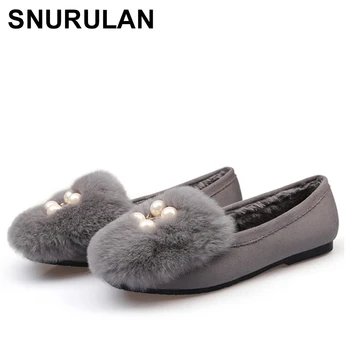 

SNURULANwinter women shoes Ballet shoes with fringed loafers slip-on sandals square shoes rabbit fur pearl surfaceE053