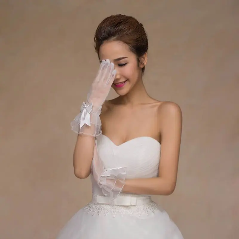 New Bride Gloves Gauze Bow-knot with Fingers Short White Glove Wedding Dress Accessories Photo Props E15E