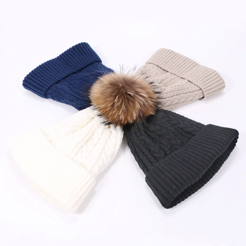 Winter Pompon Hat Winter Warm Knitting Outdoor Beanie Hat For Women Real Fur Pom Pom Caps Plus Velvet Windproof Thick Caps
