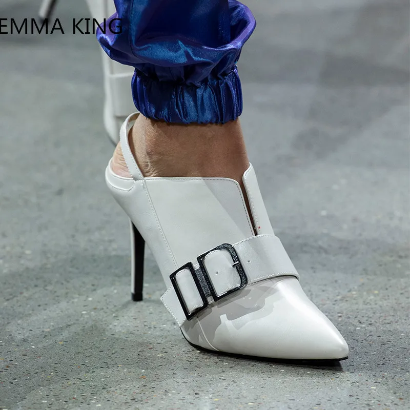

Women Leather Pointed Toe High Heels Pumps 2019 Autumn Buckle Decorated Slingback Shoes Woman Fashion Runaway Stilettos White