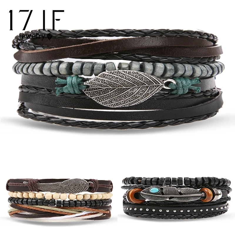 

17IF Vintage Multiple Layers Leather Bracelet Set for Men Women Charm Leaf Feather Stone Wood Beads Wrap Bracelets Pulseras NEW