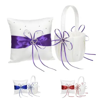 

2 Heart Rhinestones Ivory Satin Flower Girl Basket And Ring Pillow Set for Wedding Royal Blue