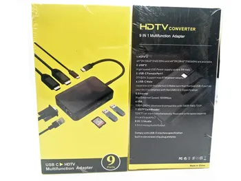

USB C Hub 9 IN 1 Type C to HDMI 2 VGA USB-C PD SD RJ45 3.5 Audio USB 3.0 Port Card Reader Adapter