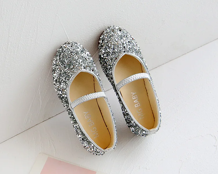 slippers for boy Kids Girls Blue Silver Crystal Princess Shoes Little Baby Sequined Glitter Non-Slip Wedding Party Children's Leather Shoes New extra wide children's shoes