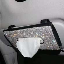 Bling Crystal Car Tissue Box Sun Visor Multi-function Diamond Leather Tissue Box Paper Holder Cover Sunvisor Hanging Napkin Box