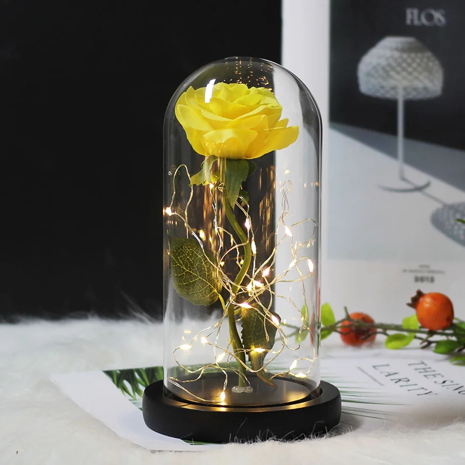 Светодиодный светильник-роза в колбе с изображением красавицы и зверя, черная основа, стеклянный купол, лучший подарок на день матери, День святого Валентина - Цвет: yellow