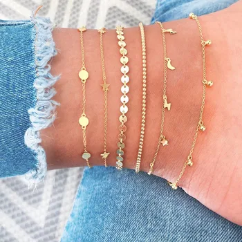6 Pcs/Set Vintage Gold Color Anklet Women Lightning Star Moon Sequins Bracelet Boho Ankle Bracelet Fashion Foot Jewelry