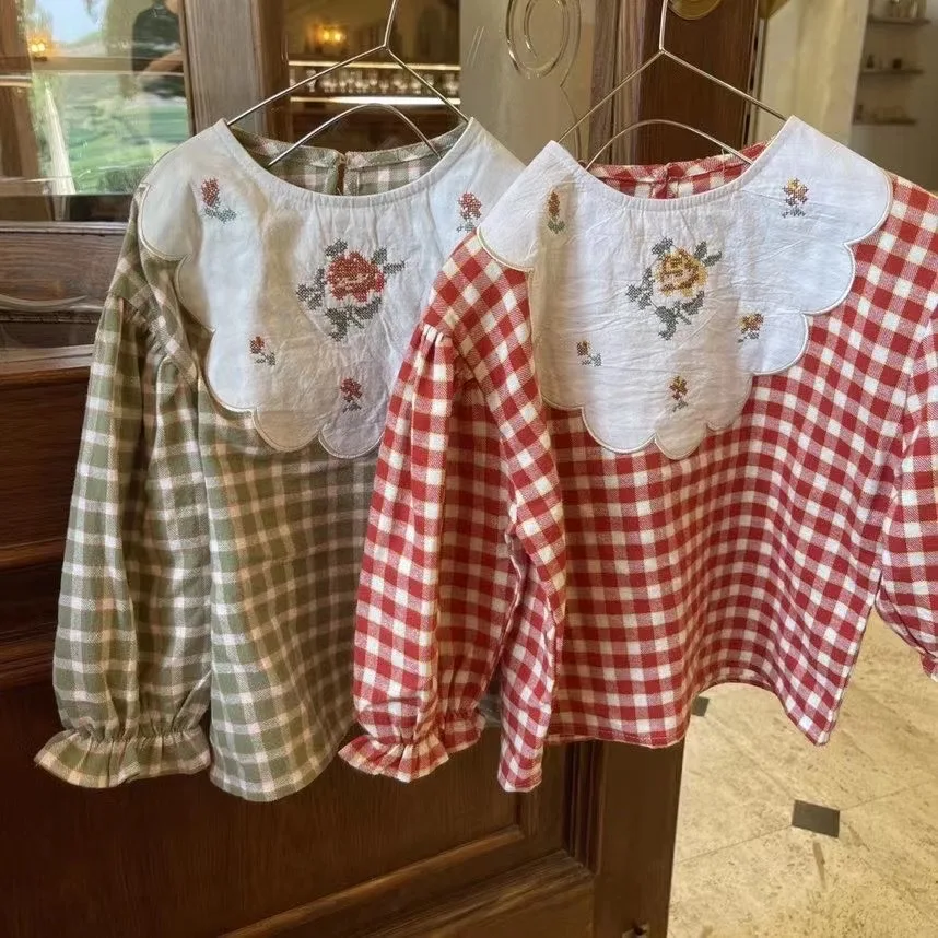 2021 Autumn New Korean Style Baby Girls Floral Embroidery Blouses Toddlers Children Cute Plaid Shirts Kids Clothes | Детская одежда и