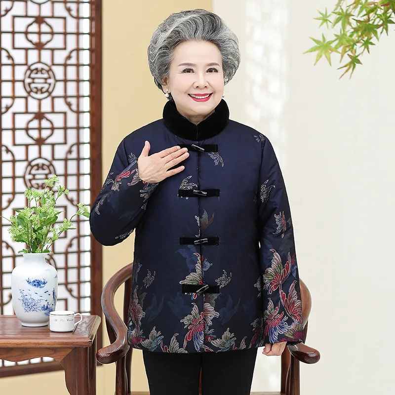 

New Style Middle Aged And Elderly People Grandma-Autumn And Winter Cotton-padded Clothes Printed Chinese Costume Cotton Coat Plu