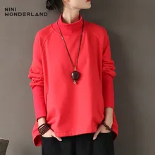 NINI WONDERLAND женские весенне-осенние хлопковые модные футболки с длинными рукавами, водолазка с большим дном, Свободные повседневные топы, одежда красного, черного цвета