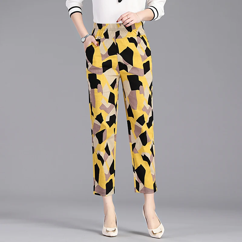 

Floral Pants Women Spring Summer Autumn Yellow Black Printing High Elastic Waist Straight Trouser Woman Plus Size Pant Pockets