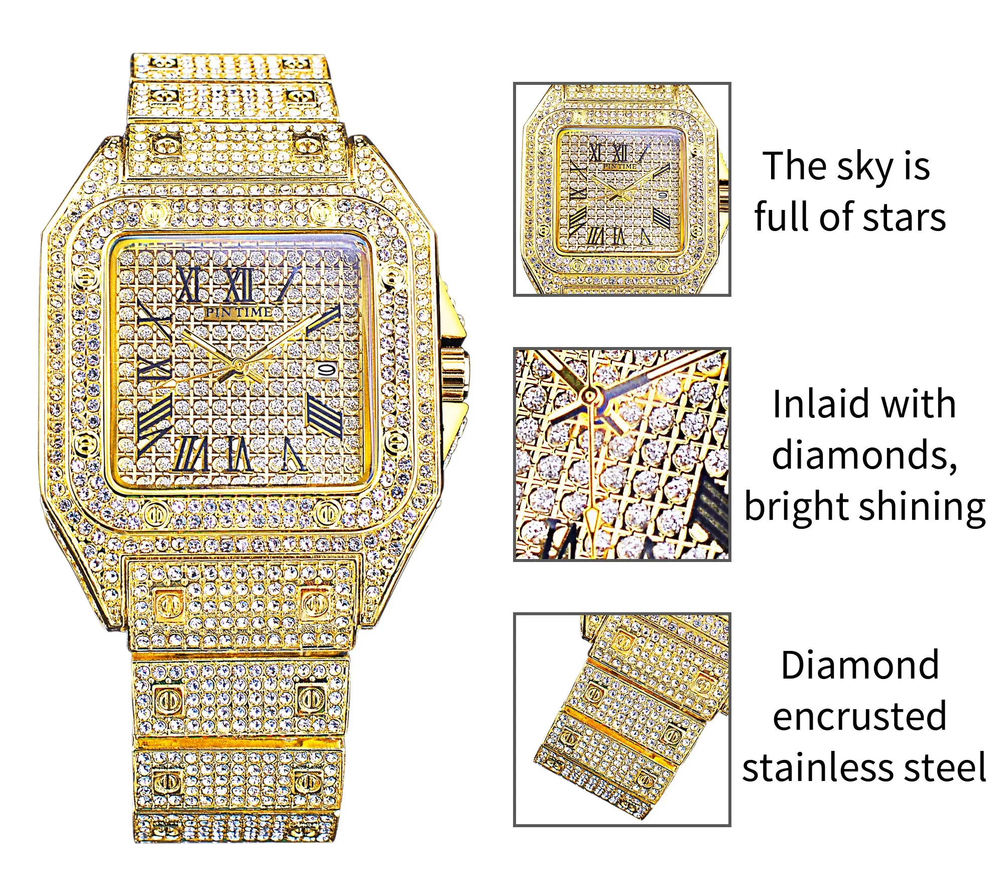 Pin Time Diamond Men Quartz Watch Luxury Golden Wristwatch Waterproof Outdoor Watches With Luminous Hands Fashion Gift For Man