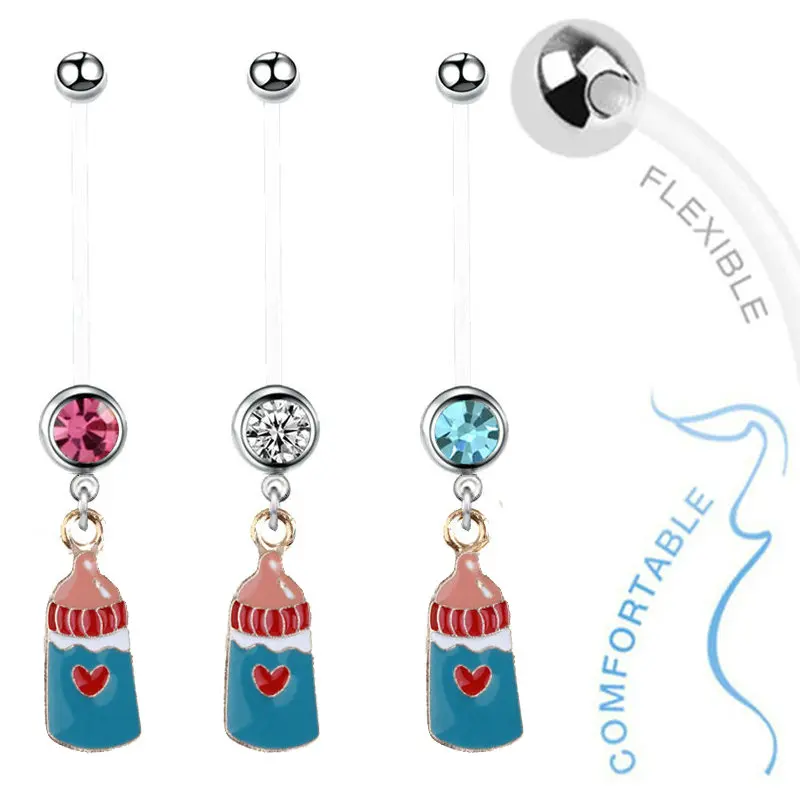 1pc Blue Baby Bottle Pregnancy Belly Ring Cute Maternity Bar Body Piercing Jewelry White Barbell 22MM |