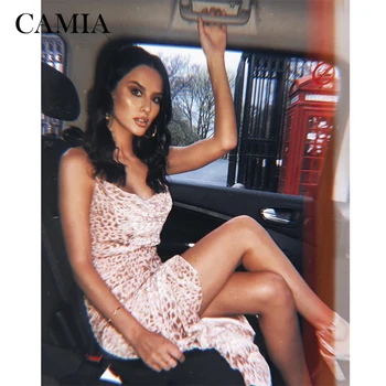 

CAMIA Sexy Pink Leopard Party Asymmetric Dress Long Sling Halter Women's Clothes Velvet Club