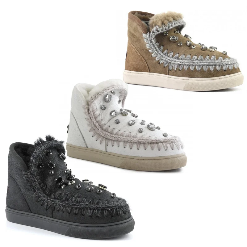 

2019 Winter Women Snow Boots Mini Eskimo Sneaker StoneRhinestones Real Sheepskin With Fur Natural Leather Botas Stivali da neve