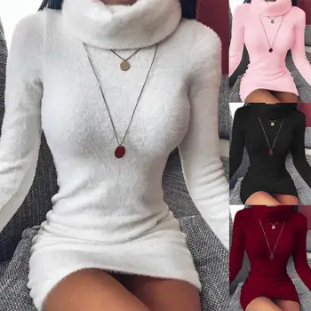 

Sexy Women Solid Color Turtle Neck Long Sleeve Plushy Bodycon Slim Mini Dress