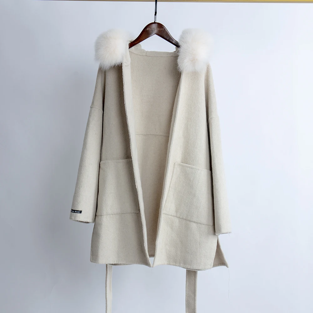 Off-white Кашемировое шерстяное пальто для женщин с воротником из натурального Лисьего меха размера плюс модное зимнее пальто для женщин свободное Женское пальто высокого качества - Цвет: Off-white