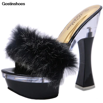 

High Heels Sandals Women Furry Sandals Chunky Heel Platform Single Strap High Heel Large Size Sandalia Feminina