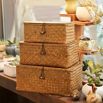 

Seaweed Hand-Woven Storage Box Storage Box Desktop Sundries Storage Box Clothes Storage Basket Finishing Basket With Lid