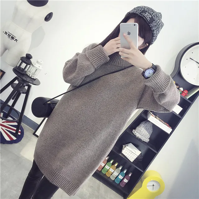 YOOAP Autumn and winter long maternity dress high collar solid color thickening hood loose large sweater pregnant women dress