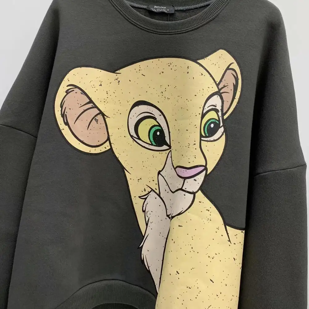 Толстовка Женская одежда с меховой подкладкой с изображением Льва из мультфильма верхняя одежда Осень Зима Джемпер Пуловер уличная одежда