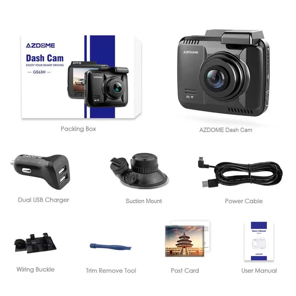 AZDOME Gs63H 4K Встроенный Gps Wifi Автомобильный видеорегистратор регистратор видеорегистратор для транспорта, с двумя объективами камера для просмотра видеокамера видеорегистратор ночного видения
