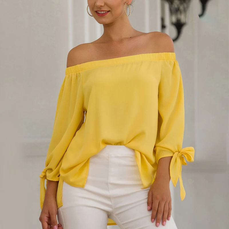 

Women Tops Blouse yellow sweet korean fashion Summer Off Shoulder Long Sleeve Bow-Knot Solid Color loose shirt lace-up shirts