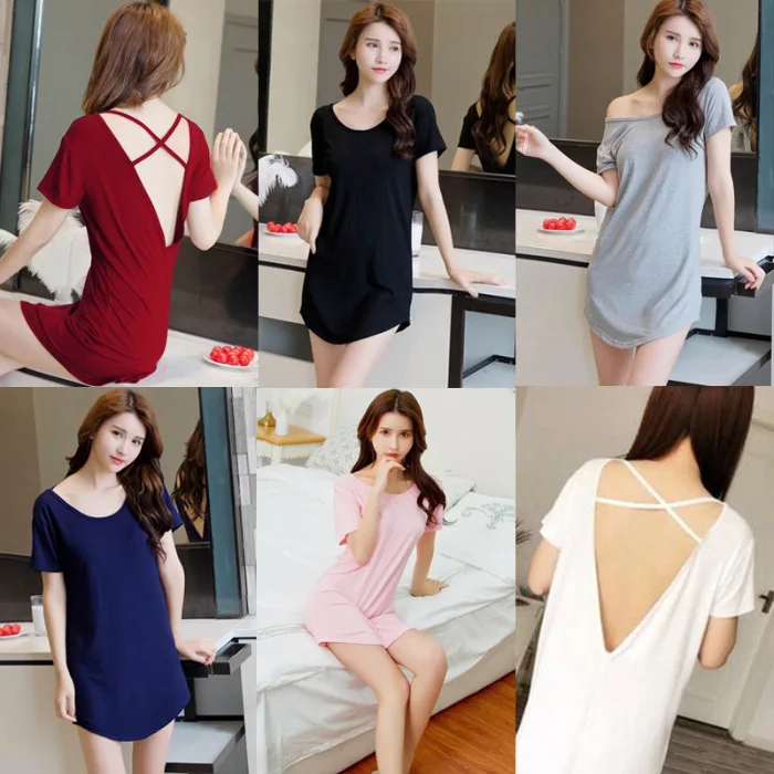 

Summer Hot Selling Short Sleeve Cross Nightgown 6 Color Qmilch Solid Color Sexy Slip Nightdress