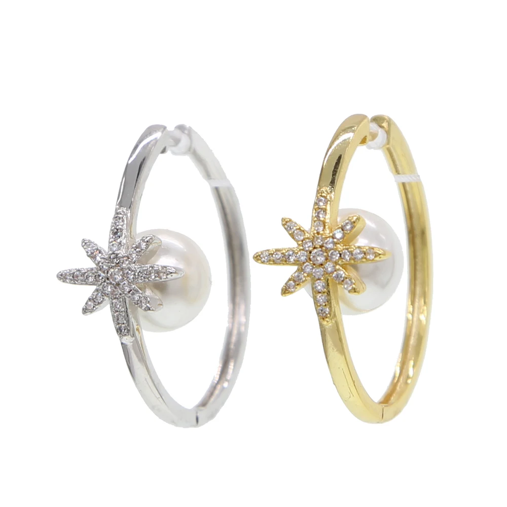 Большие серьги кольца starburst micro pave cz northstar с внутренним пресноводным жемчугом геометрический дизайн, округлый, Круглый обруч huggie серьги