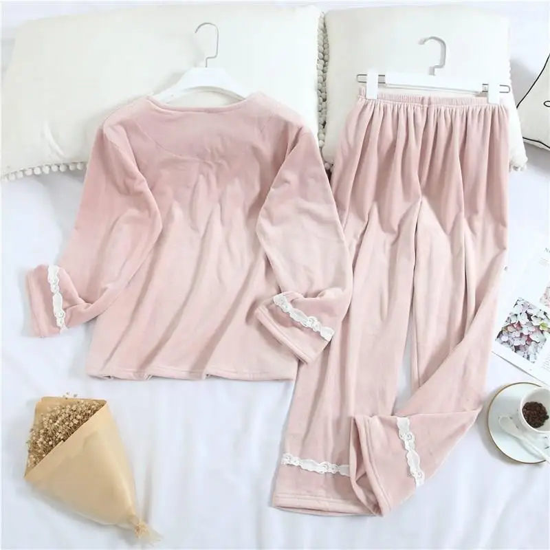 Autumn Winter Women Pyjamas Sets Warm Coral Flannel Nightgown Female Patchwork Lace Sleepwear Suit
