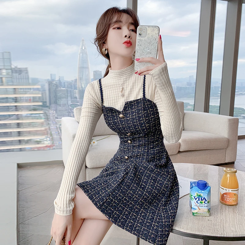 Vestido tirantes de moda joven, traje de dos piezas de estilo francés, adelgazante, de cintura pequeña, de calle, tipo a, novedad de 2020|Vestidos| - AliExpress