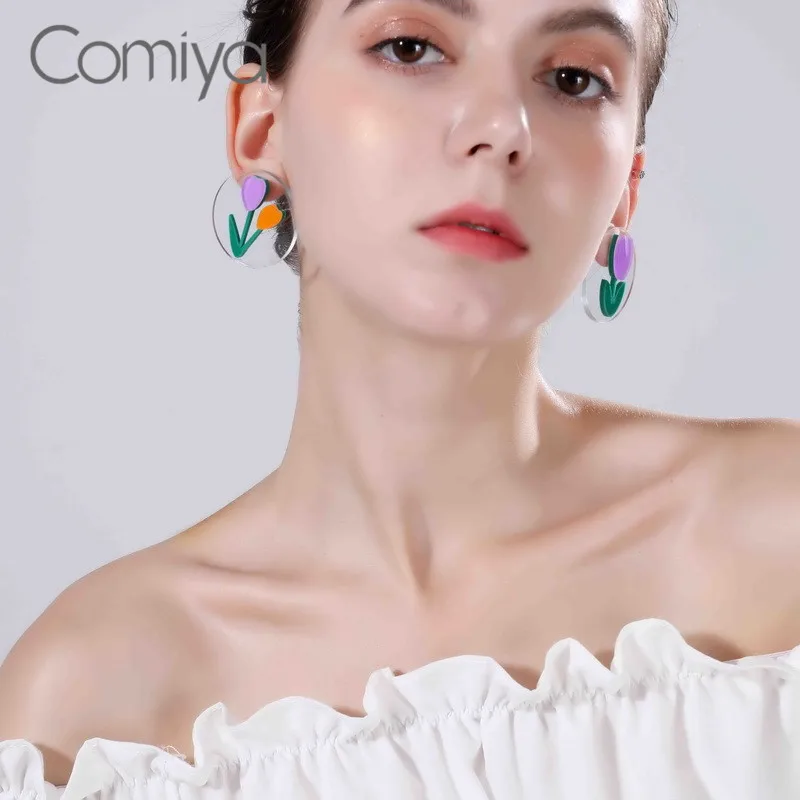 

Comiya Korean Stud Earrings Big Round Acrylic Indian Accessoreis Enamel Flower Shape Feminino Brincos Bijoux Earring For Women