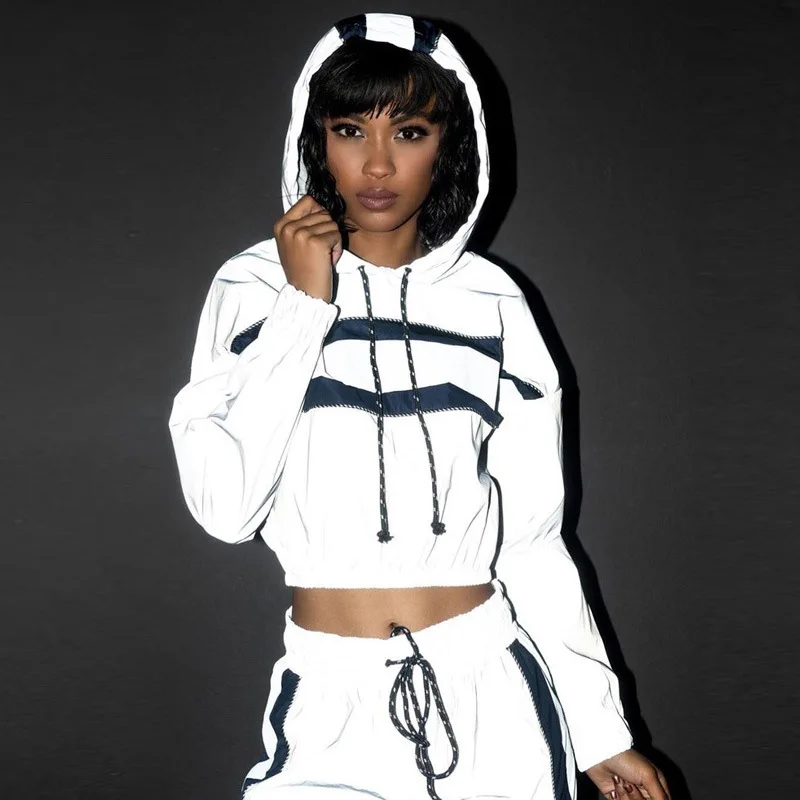 

New Women Reflect Light Tracksuit Jogger Strip Hooded Crop Top Jacket High Elastic Hem Female Fluorescent Skateboard Short Coat